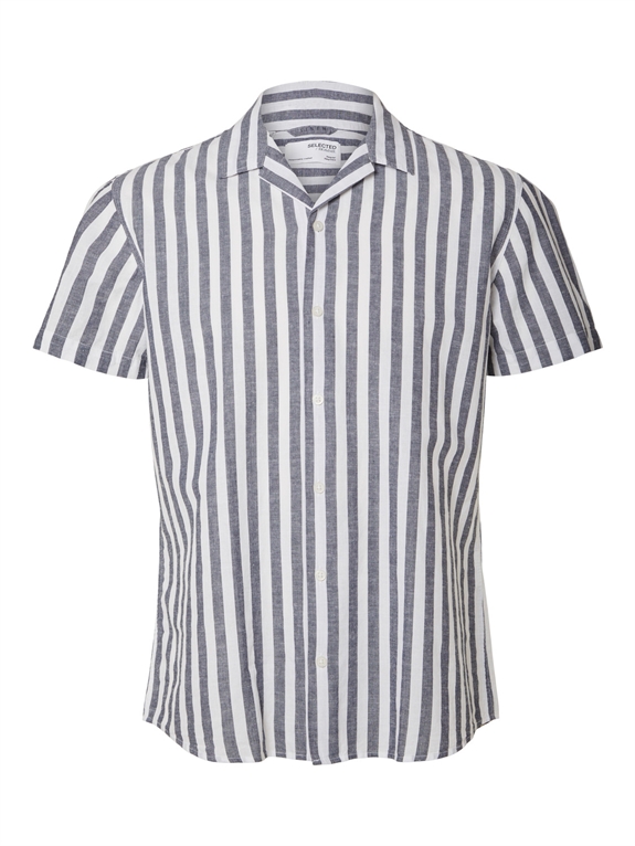 Selected Reg New Linen Shirt SS Cuba - Sky Captain/Stripe